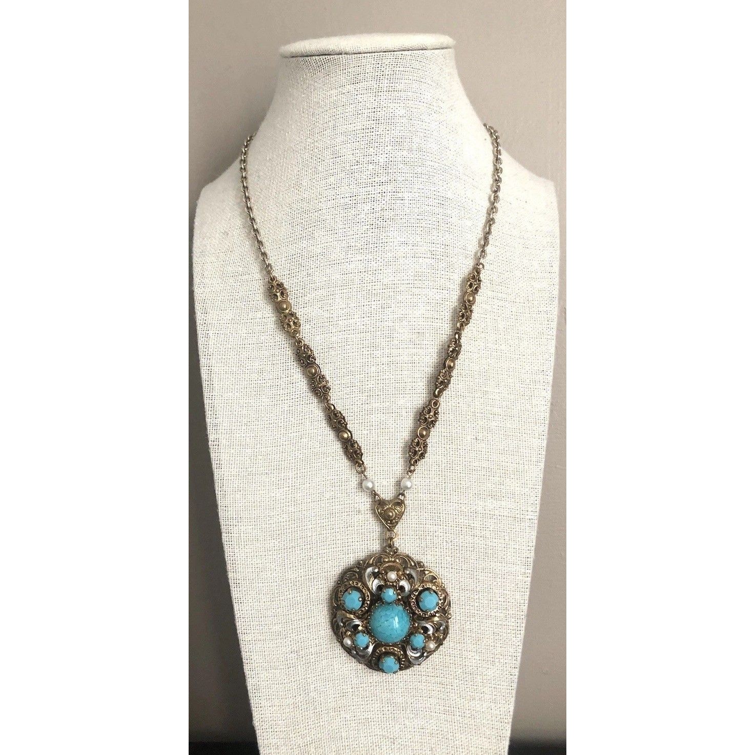Vtg Western Germany Turquoise Glass Cabachon Faux Pearl Filigree Necklace 115$